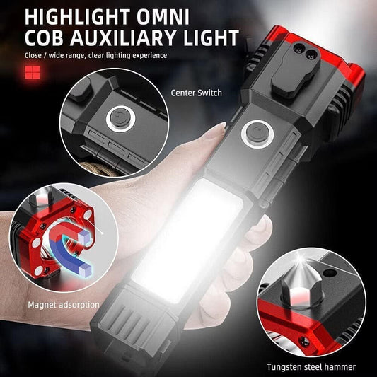 Portable LED Flashlight – Multifunctional Work Light, Power Bank, Safety Tool for Car, Camping, and Emergencies